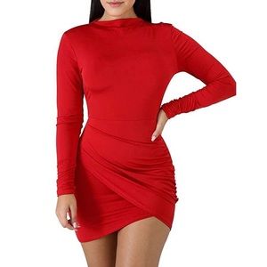 Red Ruched Mini Dress Long Sleeve Bodycon